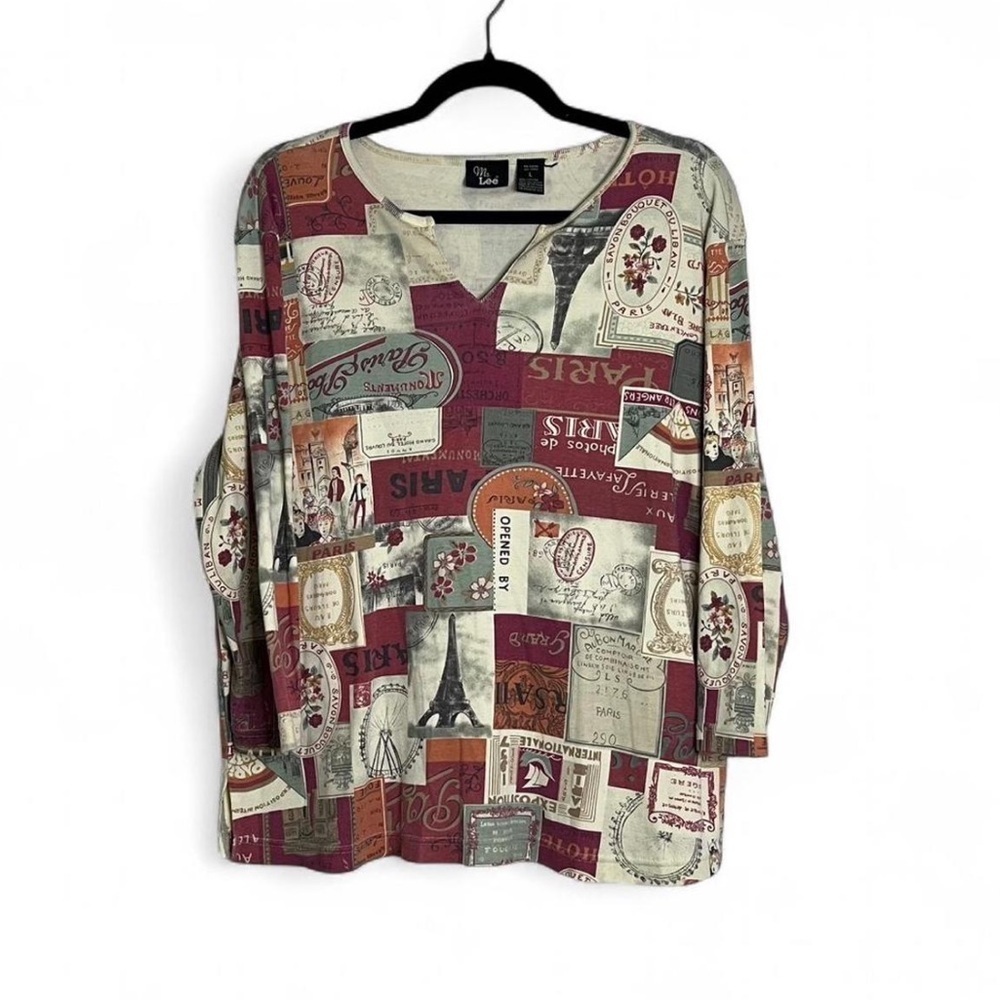 Ms. Lee Paris Print Patchwork Long Sleeve Shirt Size L Vintage Style